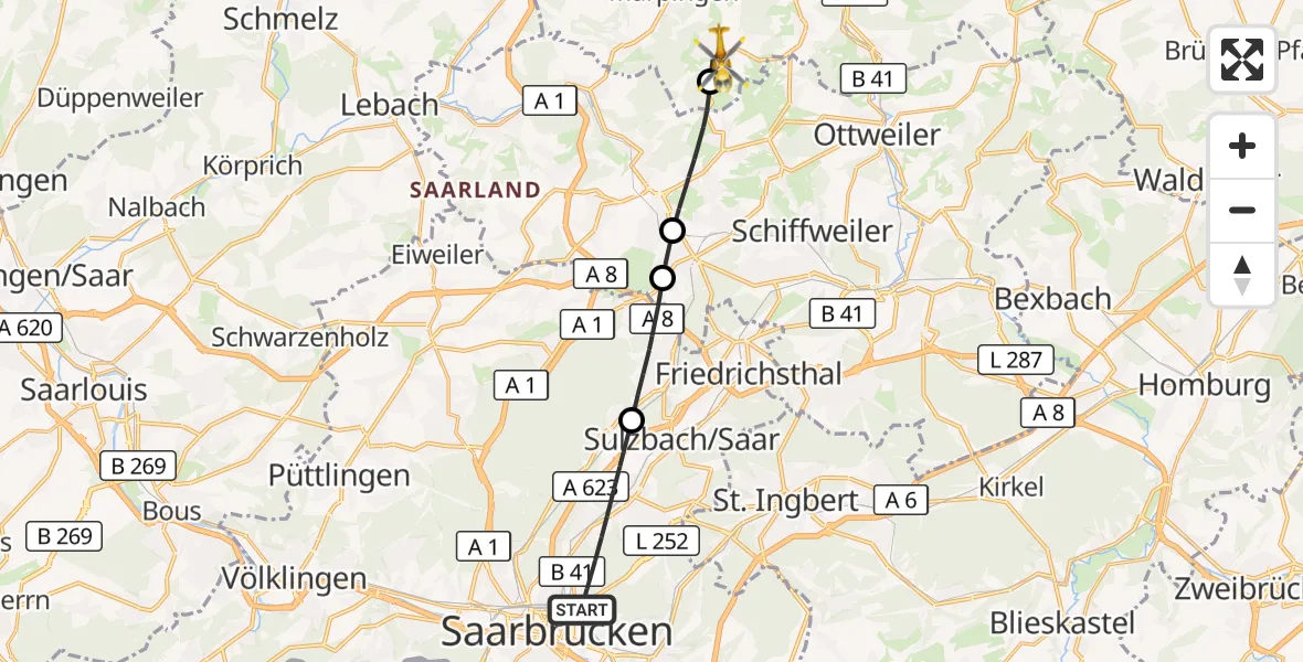 Flugroute Rettungshubschrauber Saarbrücken - Marpingen, 20 Oktober 2026, 15:05