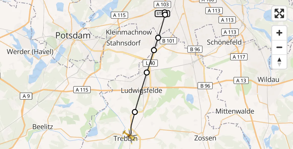 Flugroute Rettungshubschrauber Charité Clinic Benjamin Franklin Campus - Trebbin, 20 Oktober 2026, 15:06