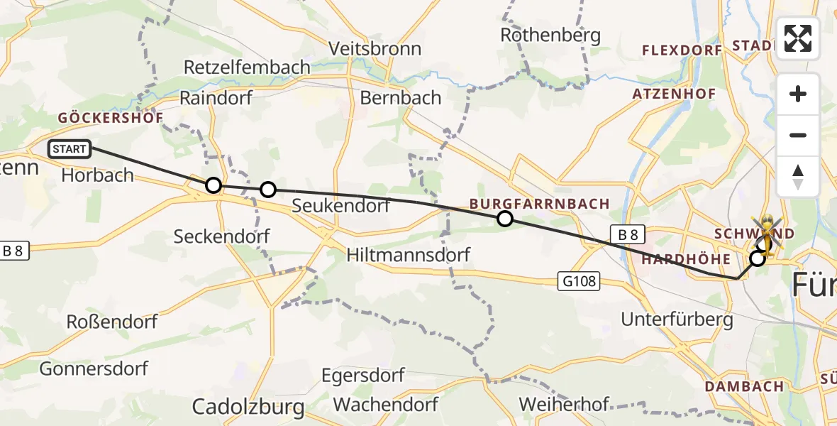 Flugroute Ambulanzhubschrauber Langenzenn - Fürth Hospital, 20 Oktober 2026, 15:13