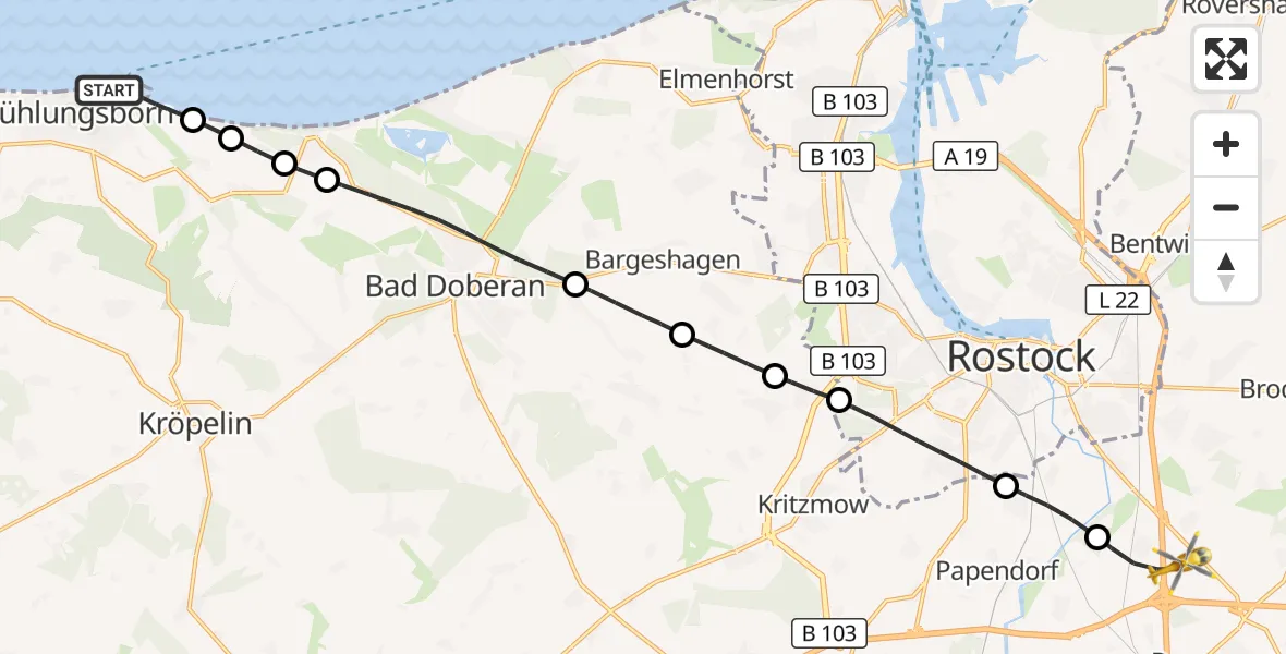 Flugroute Ambulanzhubschrauber Kühlungsborn - Dummerstorf, 20 Oktober 2026, 15:17
