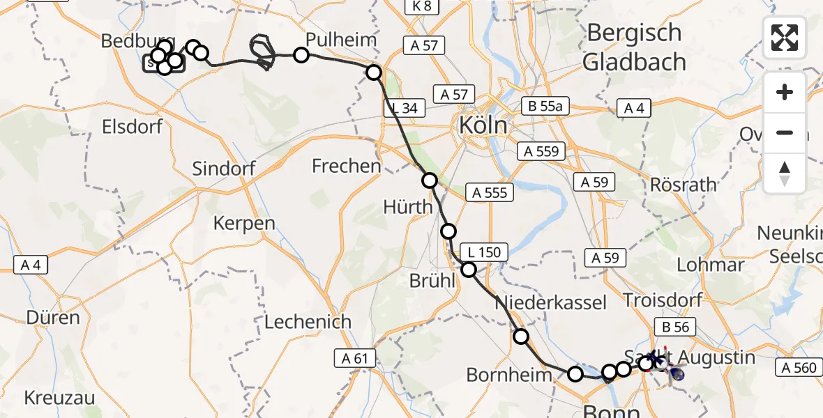 Flugroute Polizeihubschrauber Bergheim - Bonn-Hangelar Flugplatz, 20 Oktober 2026, 15:17