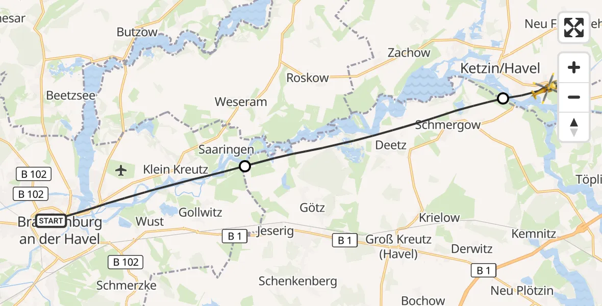 Flugroute Rettungshubschrauber Brandenburg an der Havel - Ketzin/Havel, 20 Oktober 2026, 15:21