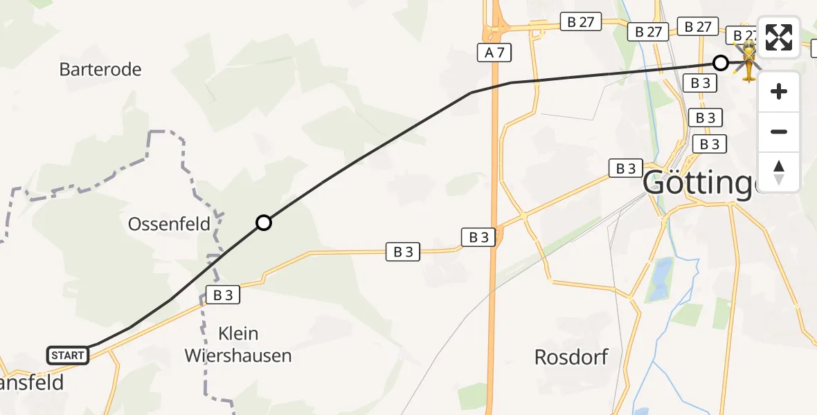 Flugroute Rettungshubschrauber Dransfeld - Göttingen University Clinic Hubschrauberlandeplatz, 20 Oktober 2026, 15:24