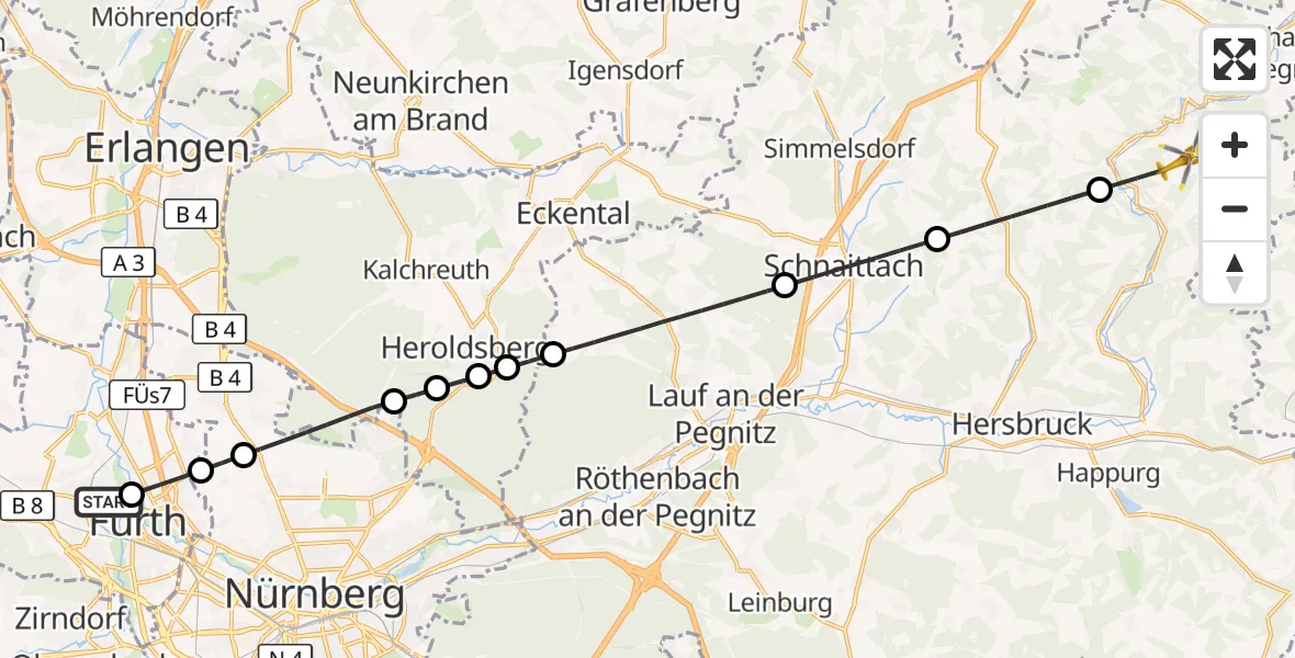 Flugroute Ambulanzhubschrauber Fürth Hospital - Hartenstein, 20 Oktober 2026, 15:28
