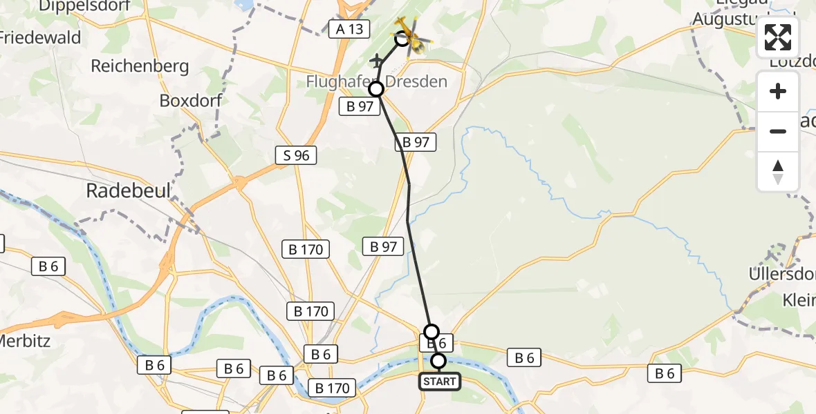 Flugroute Rettungshubschrauber Dresden University Hospital - Dresden Bundespolizei Hubschrauberlandeplatz, 20 Oktober 2026, 15:32