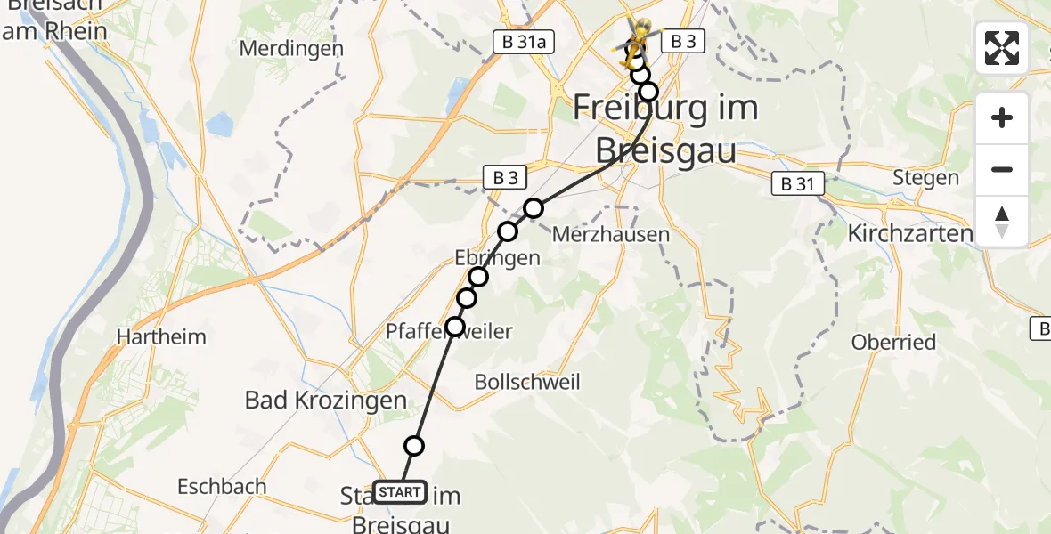 Flugroute Ambulanzhubschrauber Staufen im Breisgau - Freiburg im Breisgau Flugplatz, 20 Oktober 2026, 15:33