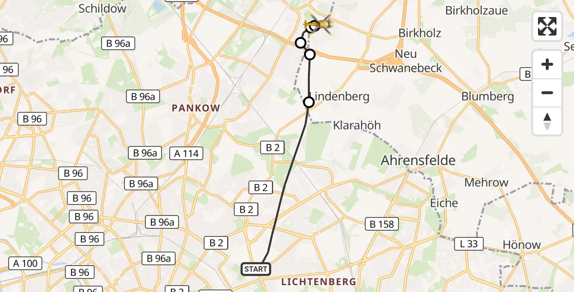 Flugroute Rettungshubschrauber Berlin - Helios Clinic Berlin-Buch, 20 Oktober 2026, 15:35