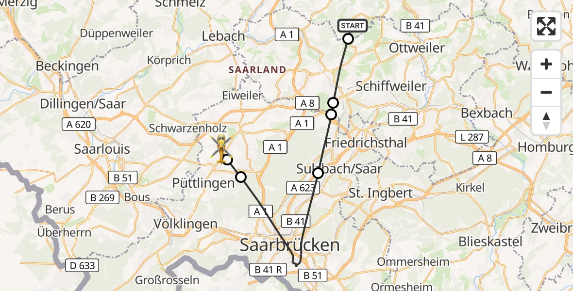 Flugroute Rettungshubschrauber Marpingen - Püttlingen, 20 Oktober 2026, 15:35