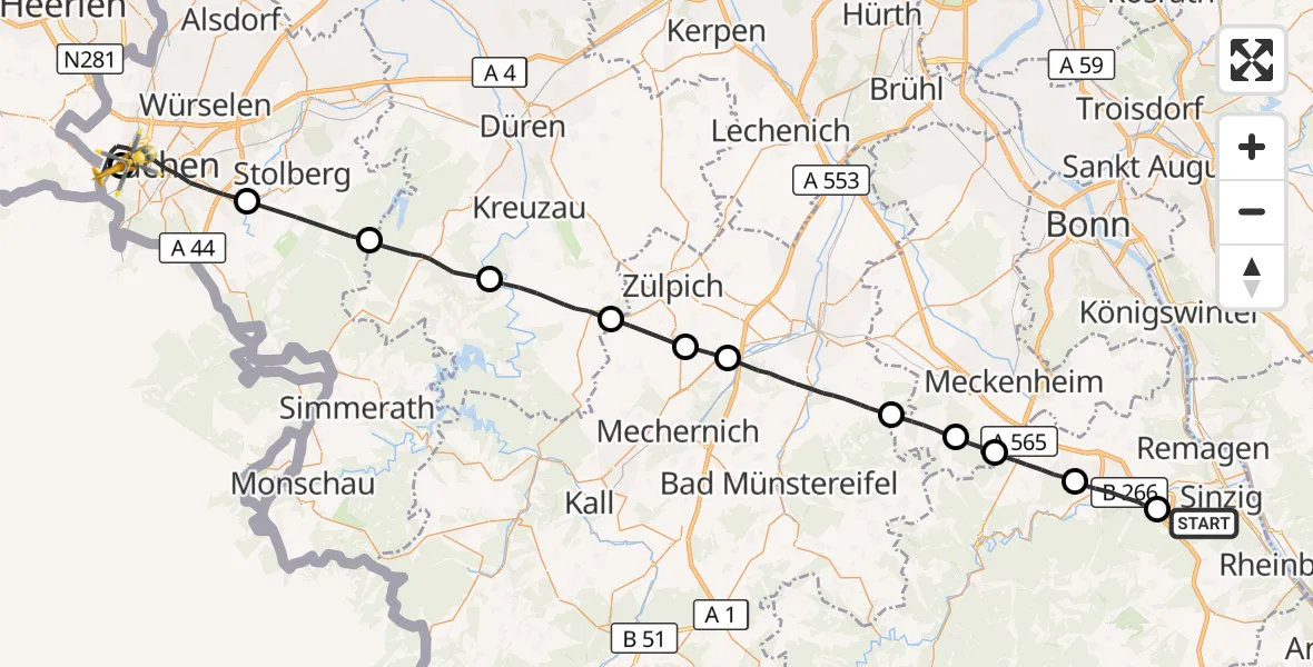 Flugroute Ambulanzhubschrauber Sinzig - Aachen Hospital, 20 Oktober 2026, 15:38