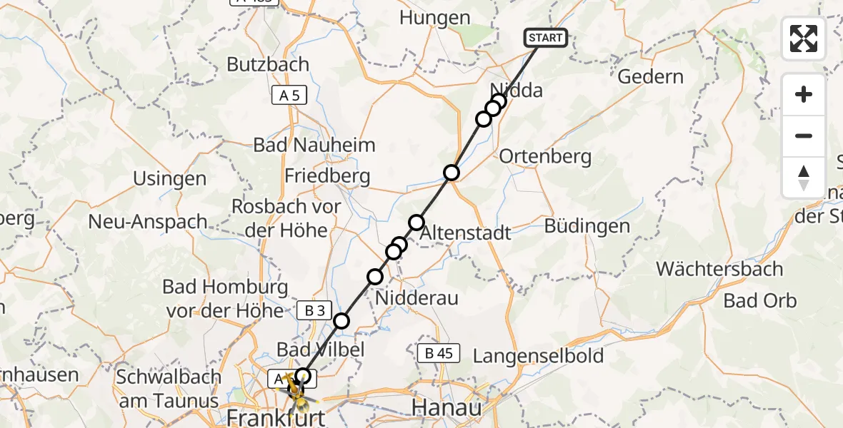 Flugroute Rettungshubschrauber Nidda - Frankfurt am Main Accident Hospital Roof Helipad (CHX2), 20 Oktober 2026, 15:46