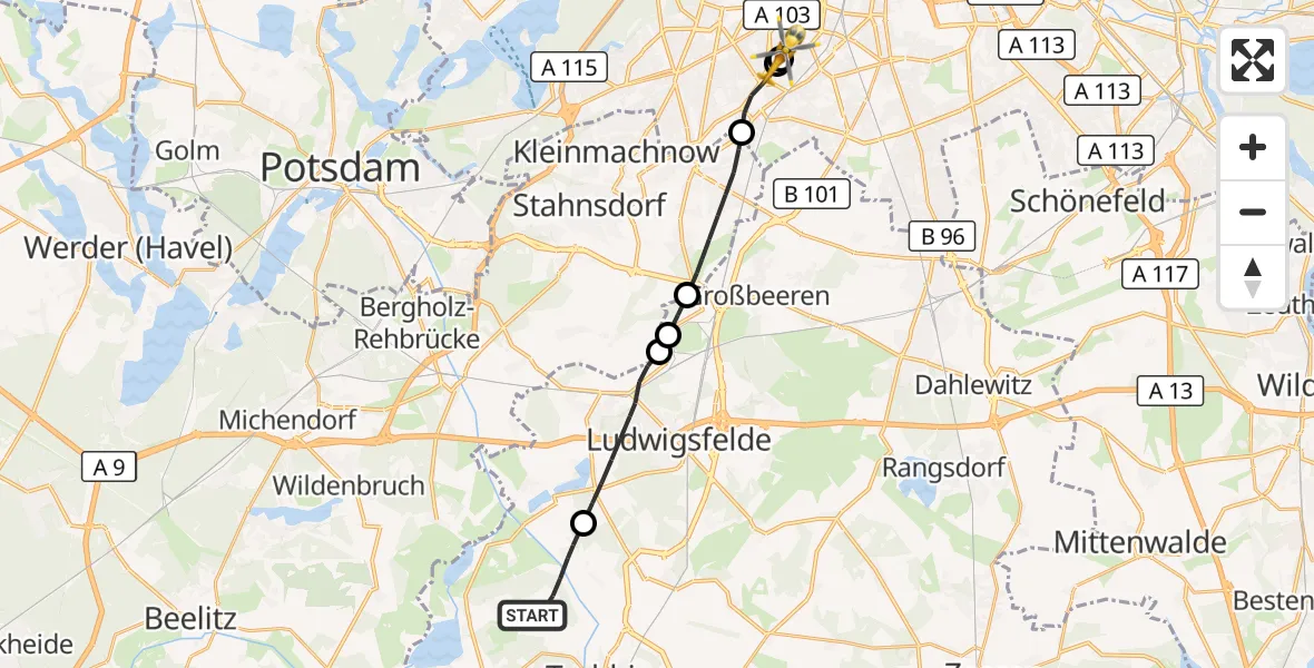 Flugroute Rettungshubschrauber Trebbin - Charité Clinic Benjamin Franklin Campus, 20 Oktober 2026, 15:48