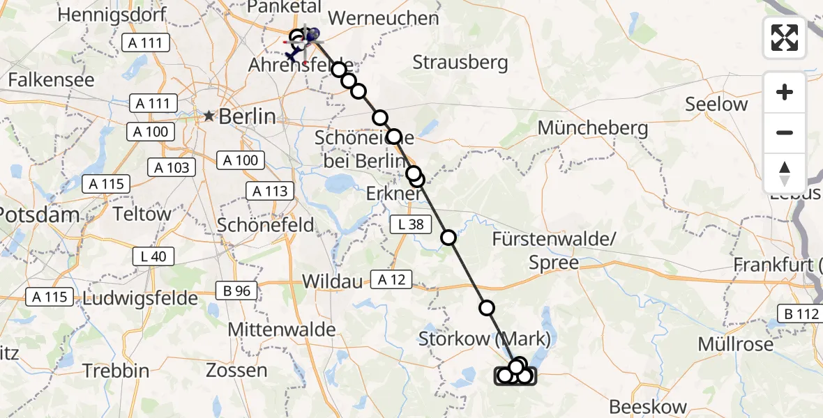 Flugroute Polizeihubschrauber Wendisch Rietz - Ahrensfelde Hubschrauberlandeplatz, 20 Oktober 2026, 15:50