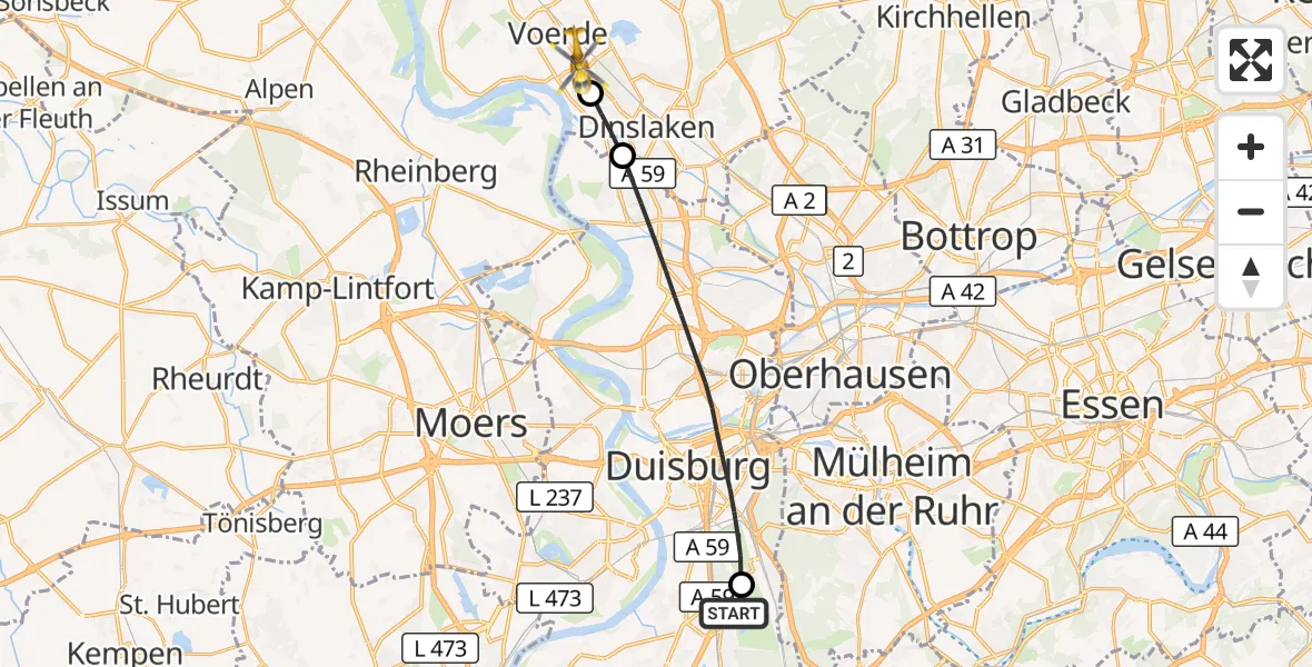 Flugroute Rettungshubschrauber Duisburg Air Rescue Hubschrauberlandeplatz (Christoph 9) - Voerde (Niederrhein), 20 Oktober 2026, 16:03