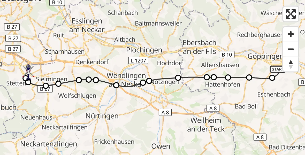 Flugroute Polizeihubschrauber Göppingen - Flughafen Stuttgart, 20 Oktober 2026, 16:09