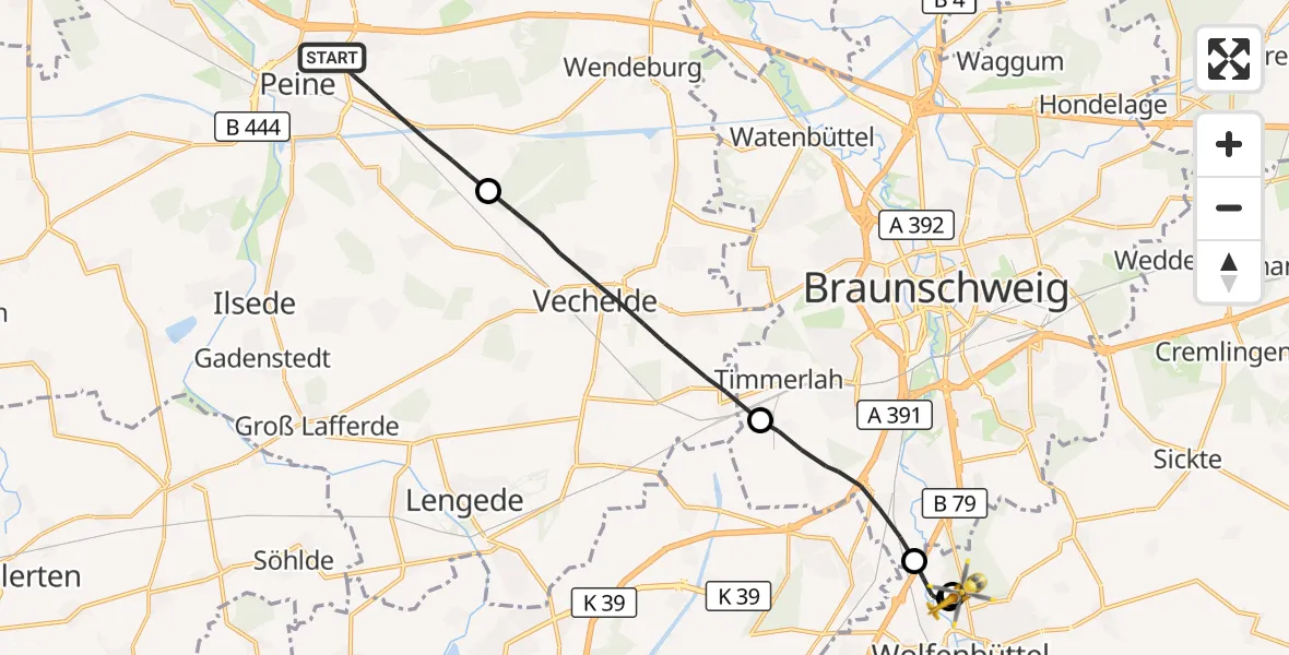 Flugroute Rettungshubschrauber Peine - Wolfenbüttel Municipal Hospital Heliport (Christoph 30), 20 Oktober 2026, 16:13
