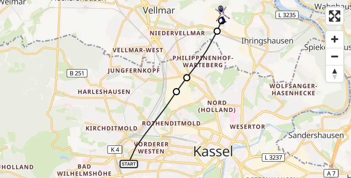 Flugroute Polizeihubschrauber Kassel - Fuldatal Bundespolizei Hubschrauberlandeplatz, 20 Oktober 2026, 16:19