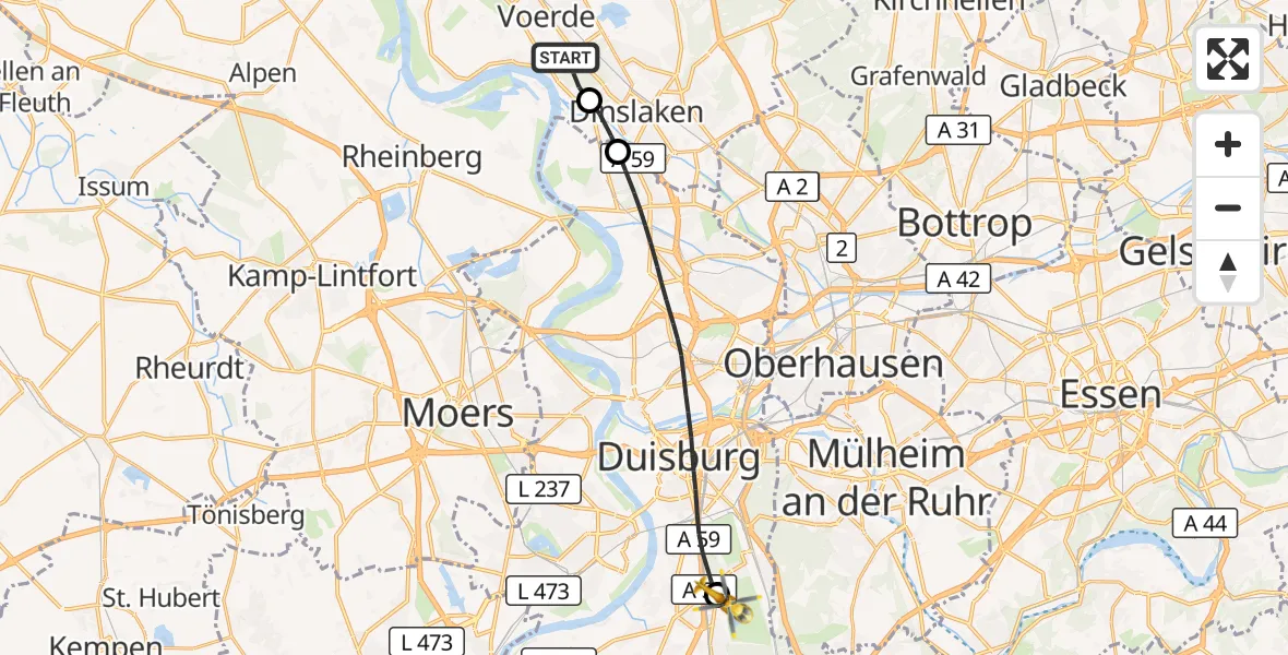 Flugroute Rettungshubschrauber Voerde (Niederrhein) - Duisburg Air Rescue Hubschrauberlandeplatz (Christoph 9), 20 Oktober 2026, 16:35