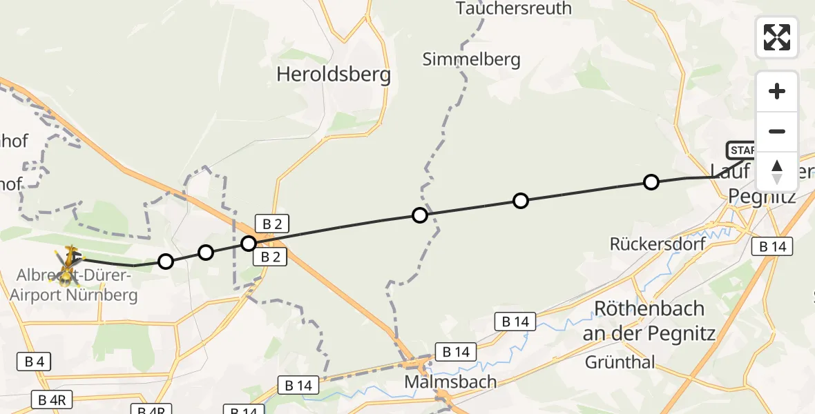 Flugroute Ambulanzhubschrauber Lauf a.d.Pegnitz - Flughafen Nuremberg, 20 Oktober 2026, 16:55