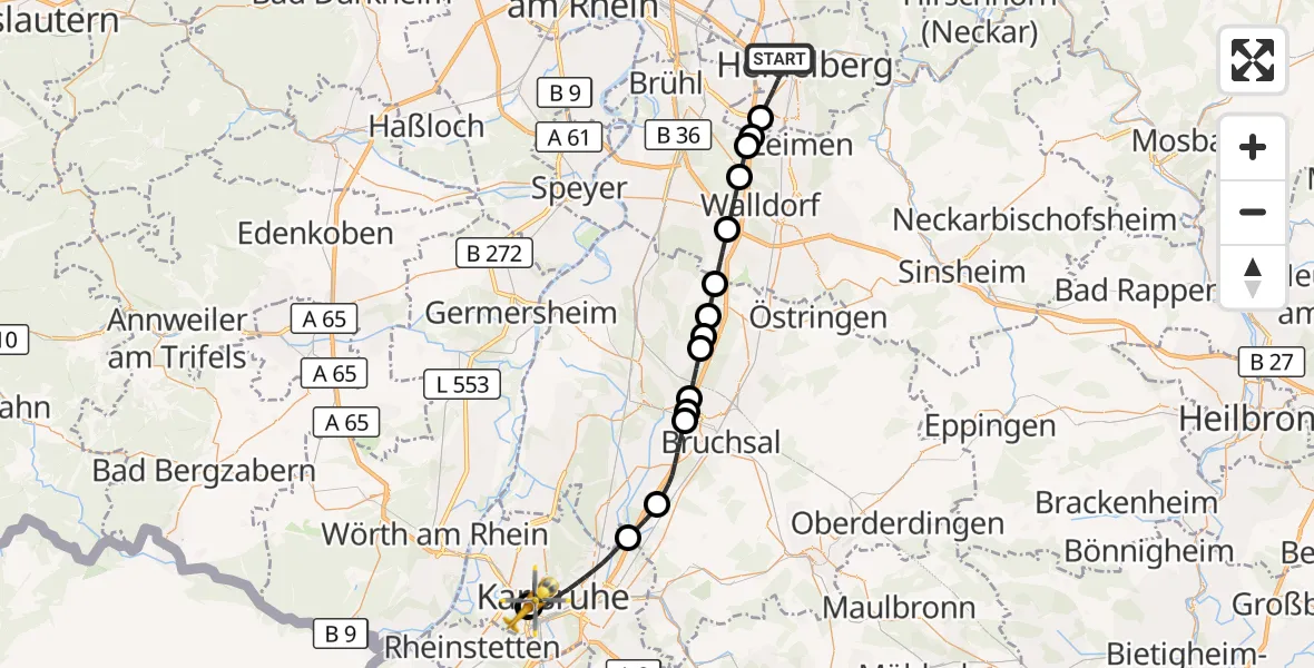 Flugroute Ambulanzhubschrauber Heidelberg - Sankt Vincentius Hospital, 20 Oktober 2026, 17:08