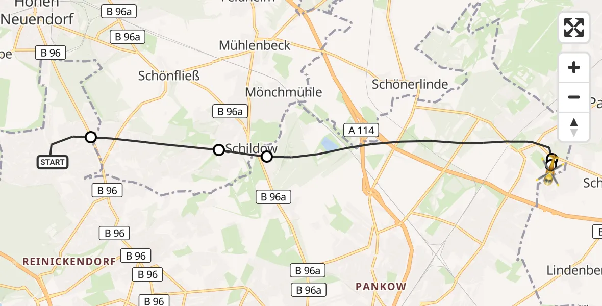 Flugroute Rettungshubschrauber Berlin - Helios Clinic Berlin-Buch, 20 Oktober 2026, 18:00