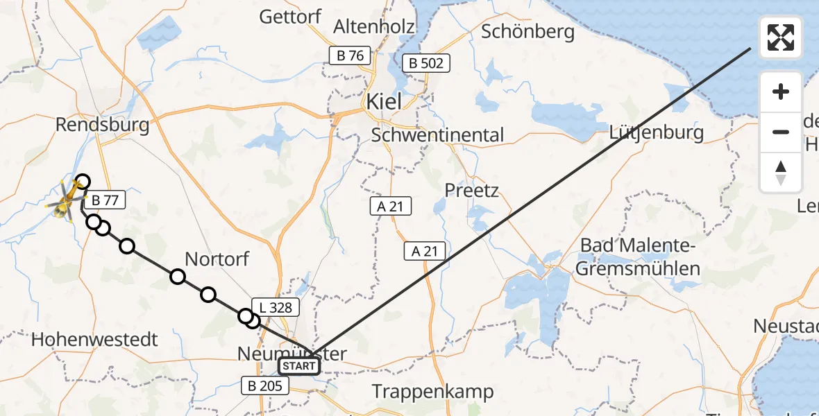 Flugroute Ambulanzhubschrauber Neumünster - Schülp b.Rendsburg, 20 Oktober 2026, 18:23