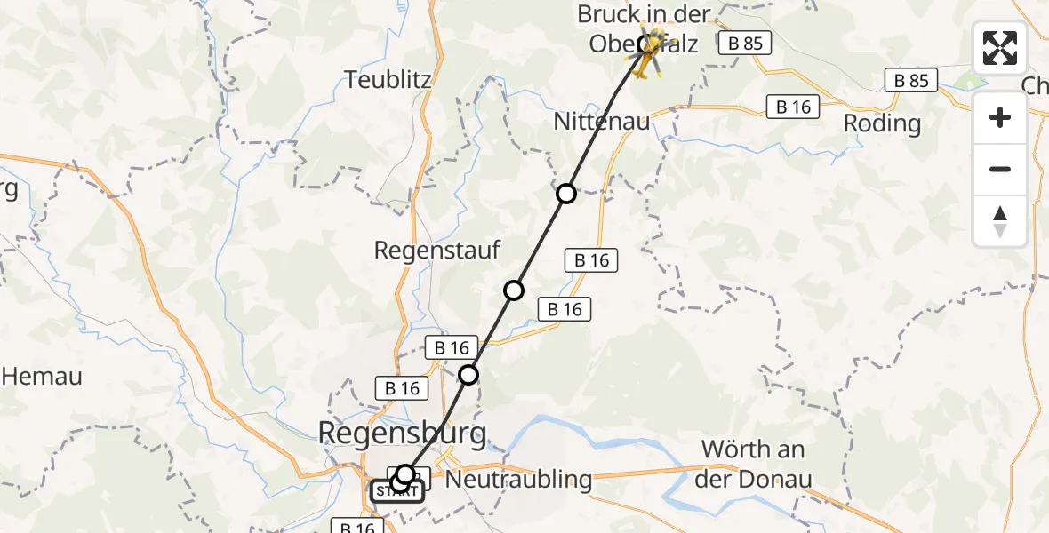 Flugroute Rettungshubschrauber DRF Air Rescue Station Regensburg / Regensburg University Hospital - Bruck i.d.OPf., 20 Oktober 2026, 18:50