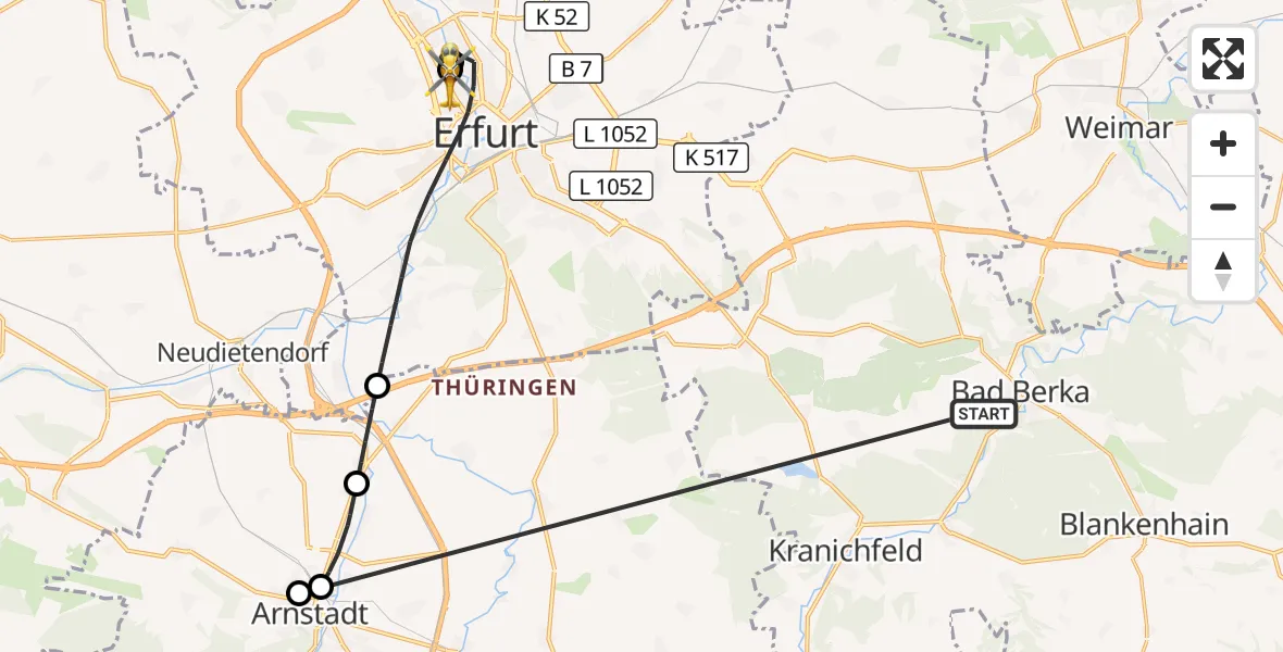 Flugroute Ambulanzhubschrauber Bad Berka Central Hospital - Helios Clinic Erfurt, 20 Oktober 2026, 18:54
