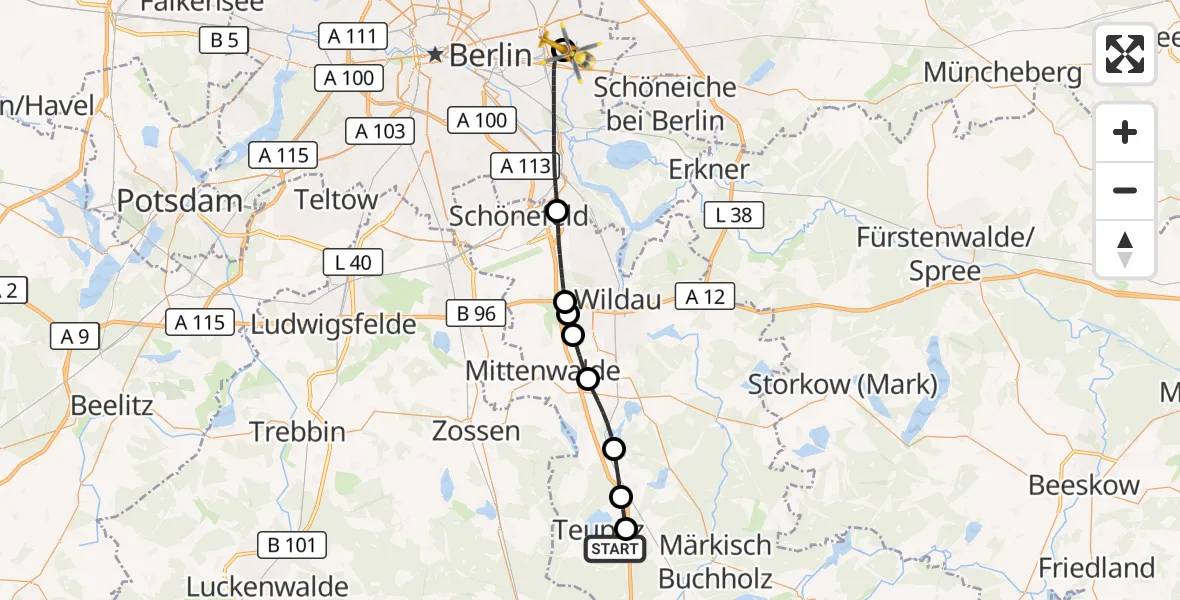 Flugroute Ambulanzhubschrauber Teupitz - Berlin Emergency Hospital, 20 Oktober 2026, 19:35