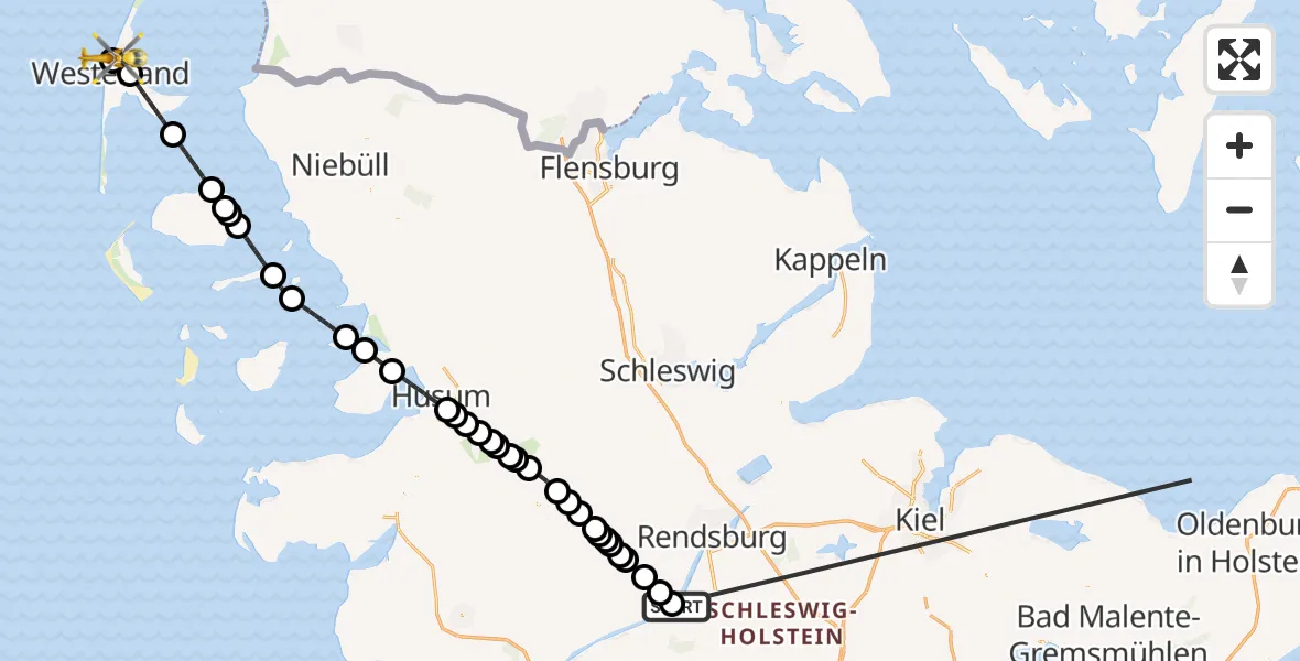Flugroute Ambulanzhubschrauber Hörsten - Sylt, 20 Oktober 2026, 19:45