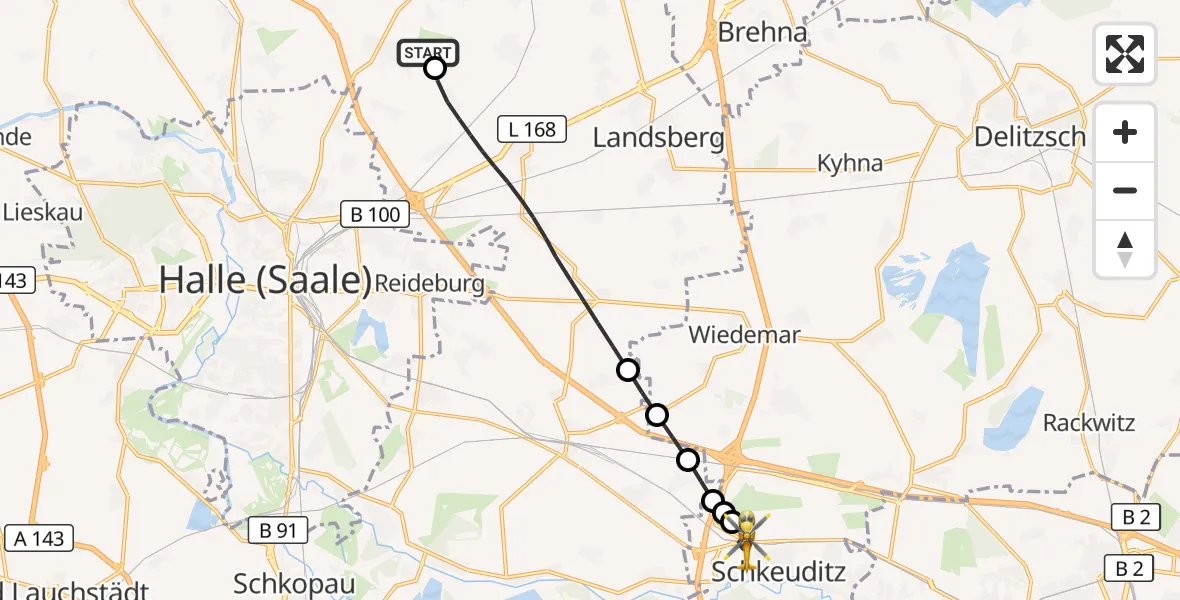 Flugroute Rettungshubschrauber Halle-Oppin Flugplatz - Schkeuditz, 21 Oktober 2026, 00:22