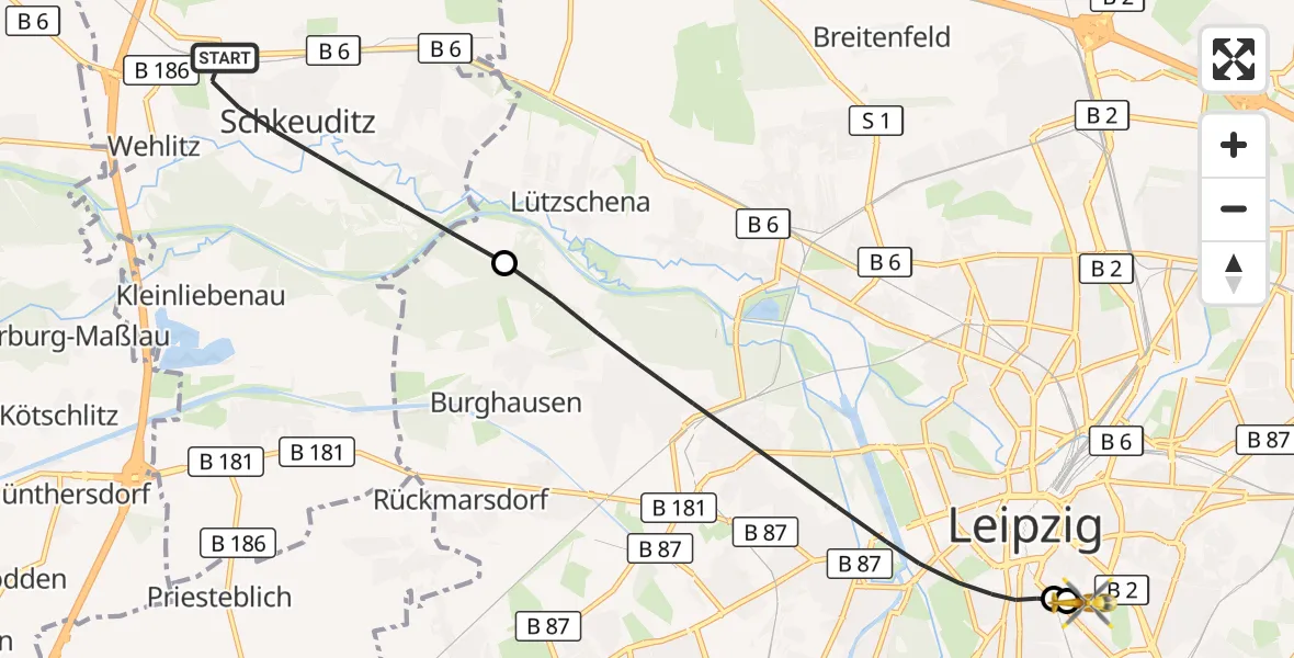 Flugroute Rettungshubschrauber Schkeuditz - Leipzig University Hospital Heliport 1, 21 Oktober 2026, 01:35