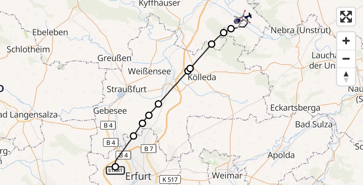 Flugroute Polizeihubschrauber Erfurt-Weimar Flughafen - Roßleben-Wiehe, 21 Oktober 2026, 02:13