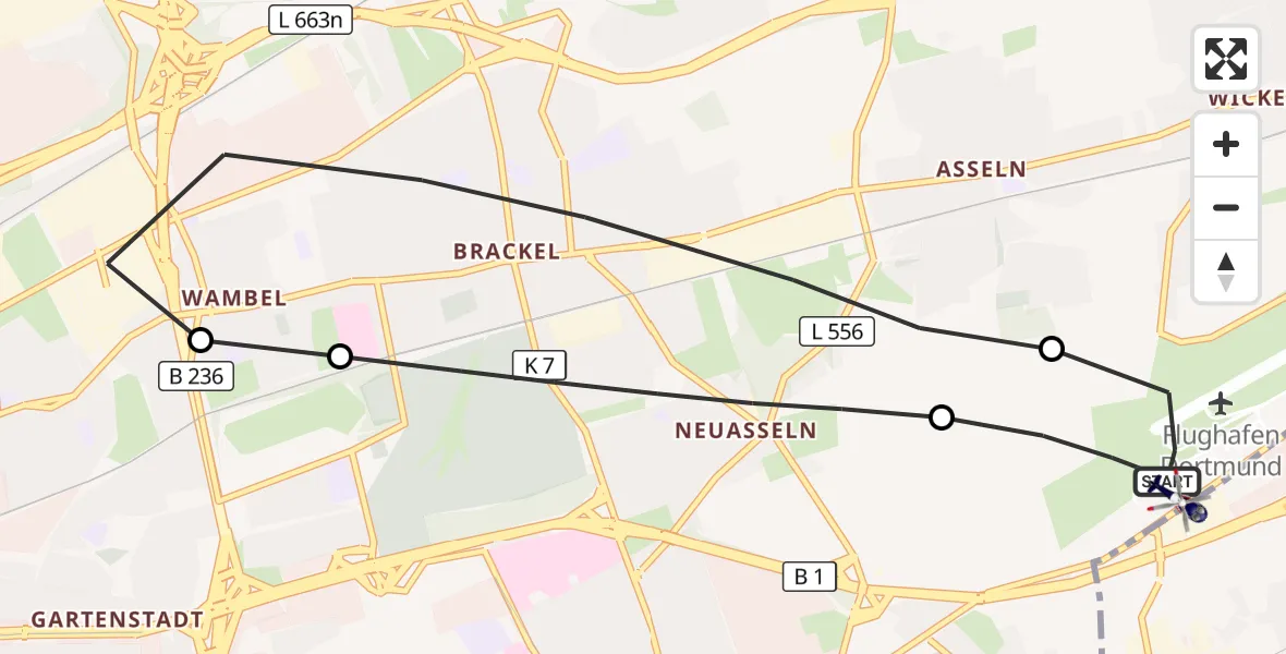 Flugroute Polizeihubschrauber Dortmund Flughafen - Dortmund Flughafen, 21 Oktober 2026, 03:12