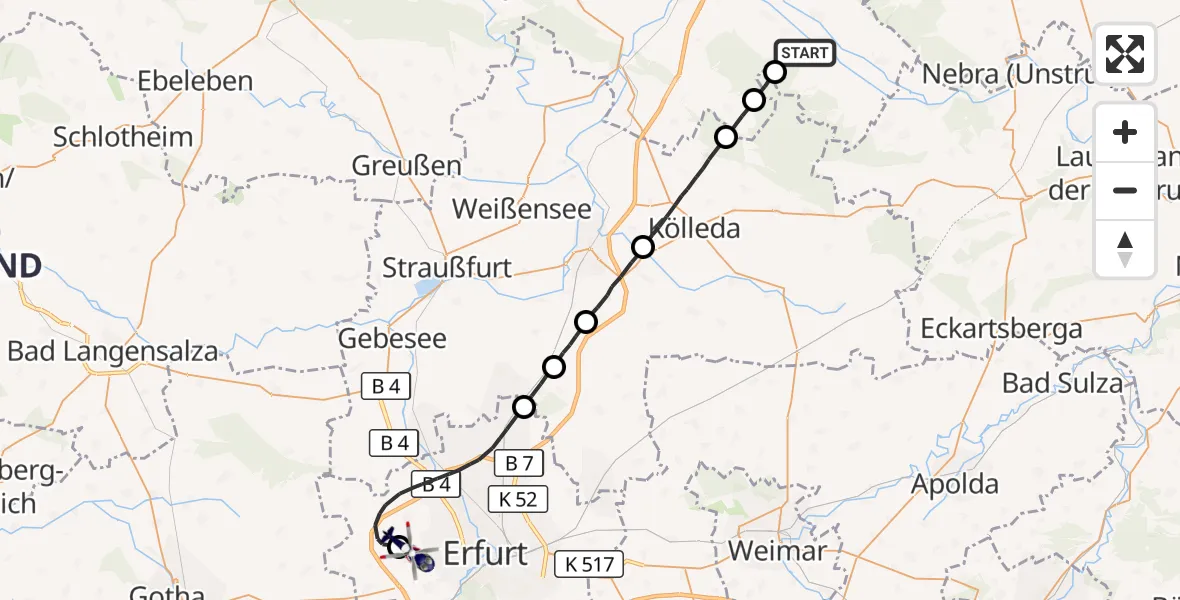 Flugroute Polizeihubschrauber Roßleben-Wiehe - Erfurt-Weimar Flughafen, 21 Oktober 2026, 03:48