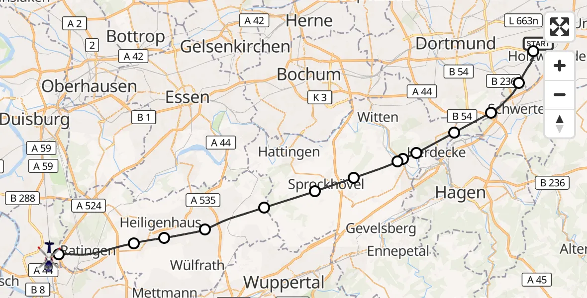 Flugroute Polizeihubschrauber Dortmund Flughafen - Düsseldorf Flughafen, 21 Oktober 2026, 05:47
