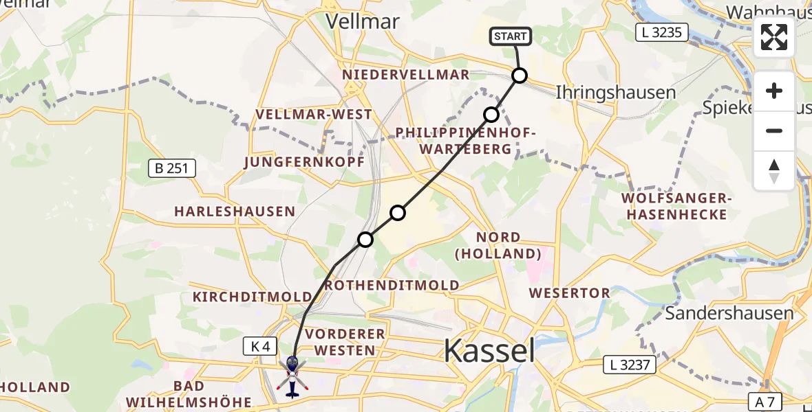 Flugroute Polizeihubschrauber Fuldatal Bundespolizei Hubschrauberlandeplatz - Kassel, 21 Oktober 2026, 05:50