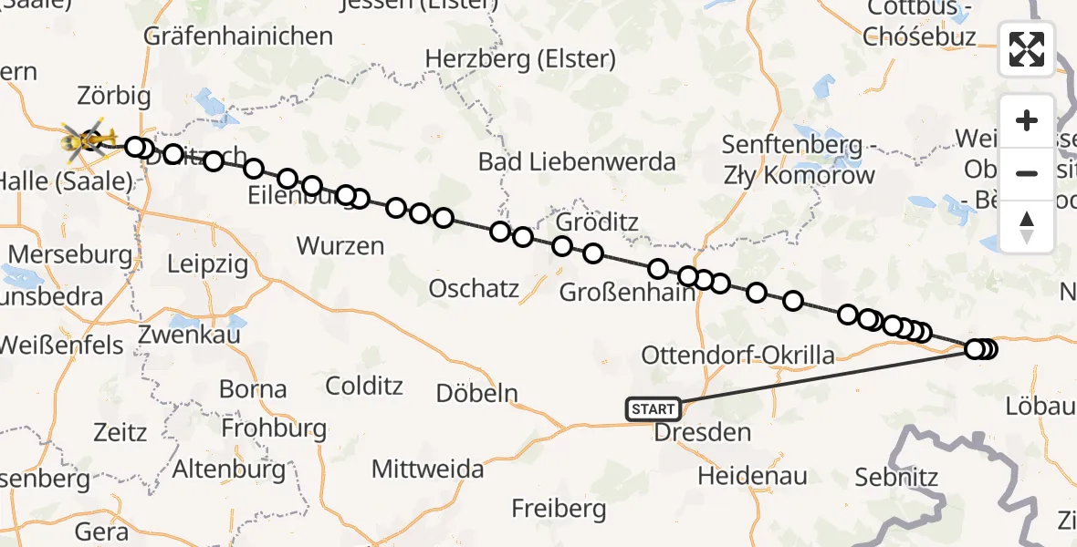 Flugroute Rettungshubschrauber Dresden - Halle-Oppin Flugplatz, 21 Oktober 2026, 06:23