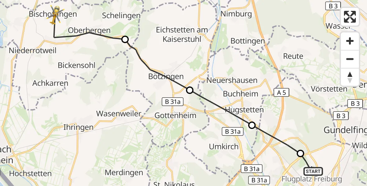 Flugroute Ambulanzhubschrauber Freiburg im Breisgau Flugplatz - Vogtsburg im Kaiserstuhl, 21 Oktober 2026, 06:40
