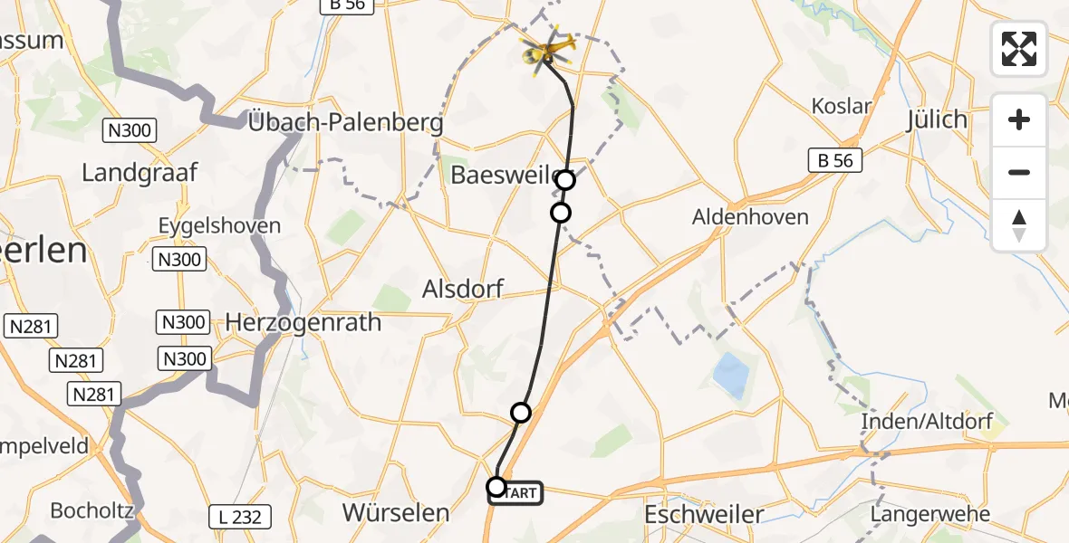 Flugroute Rettungshubschrauber Aachen-Merzbrück Flughafen - Baesweiler, 21 Oktober 2026, 06:40