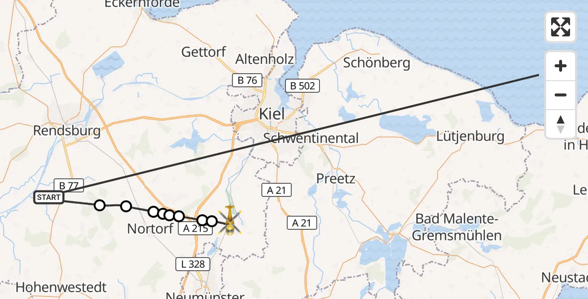 Flugroute Ambulanzhubschrauber Jevenstedt - Bordesholm, 21 Oktober 2026, 06:44
