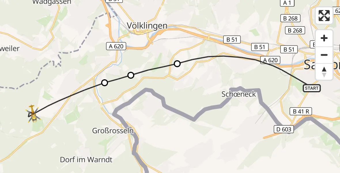 Flugroute Rettungshubschrauber Saarbrücken - Völklingen, 21 Oktober 2026, 06:45