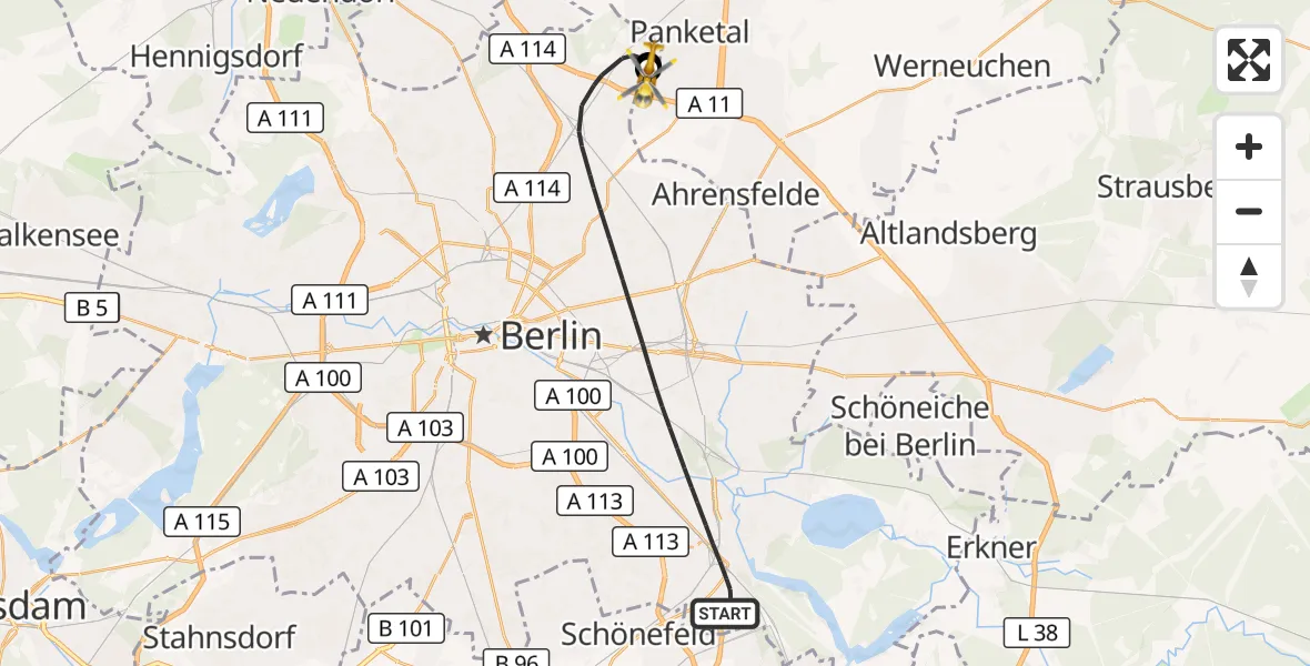 Flugroute Rettungshubschrauber Berlin - Helios Clinic Berlin-Buch, 21 Oktober 2026, 06:58