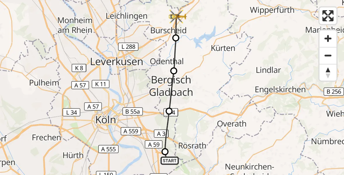 Flugroute Rettungshubschrauber Köln Bonn Flughafen - Burscheid, 21 Oktober 2026, 07:10