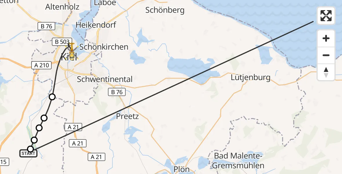 Flugroute Ambulanzhubschrauber Bordesholm - Kiel, 21 Oktober 2026, 07:18