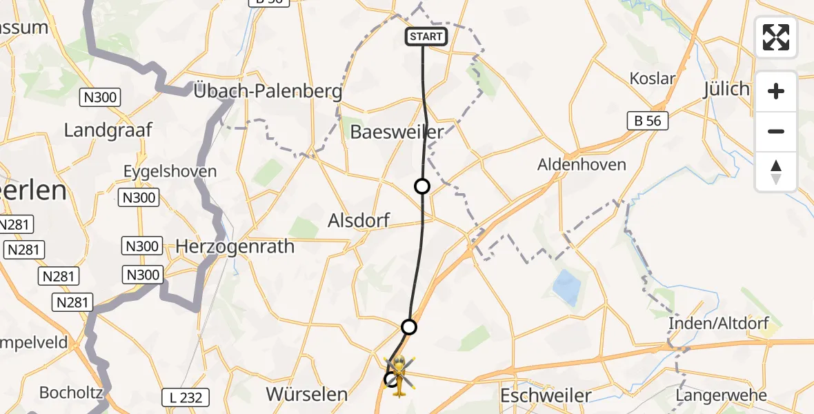 Flugroute Rettungshubschrauber Baesweiler - Aachen-Merzbrück Flughafen, 21 Oktober 2026, 07:19