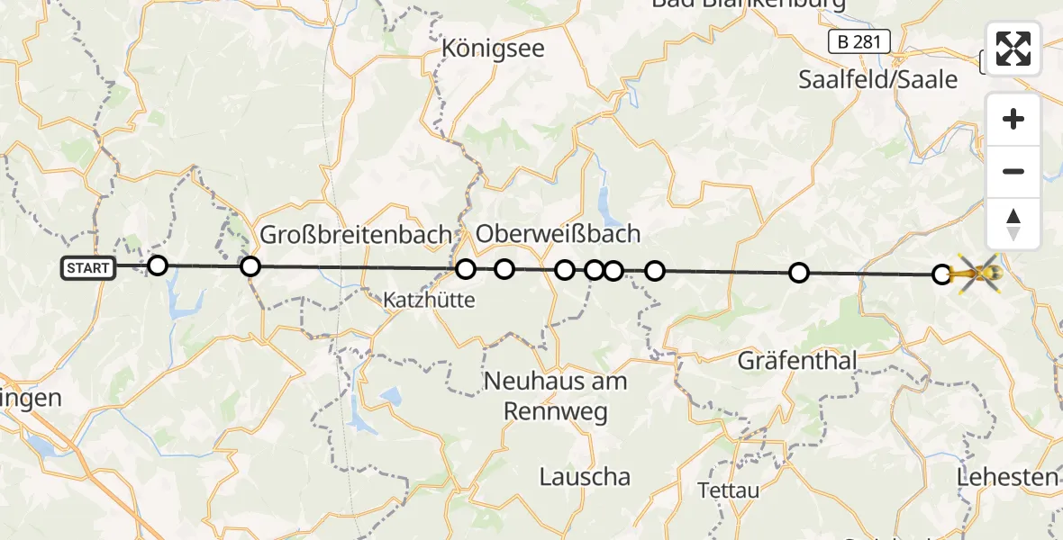 Flugroute Rettungshubschrauber Schleusingen - Leutenberg, 21 Oktober 2026, 07:36