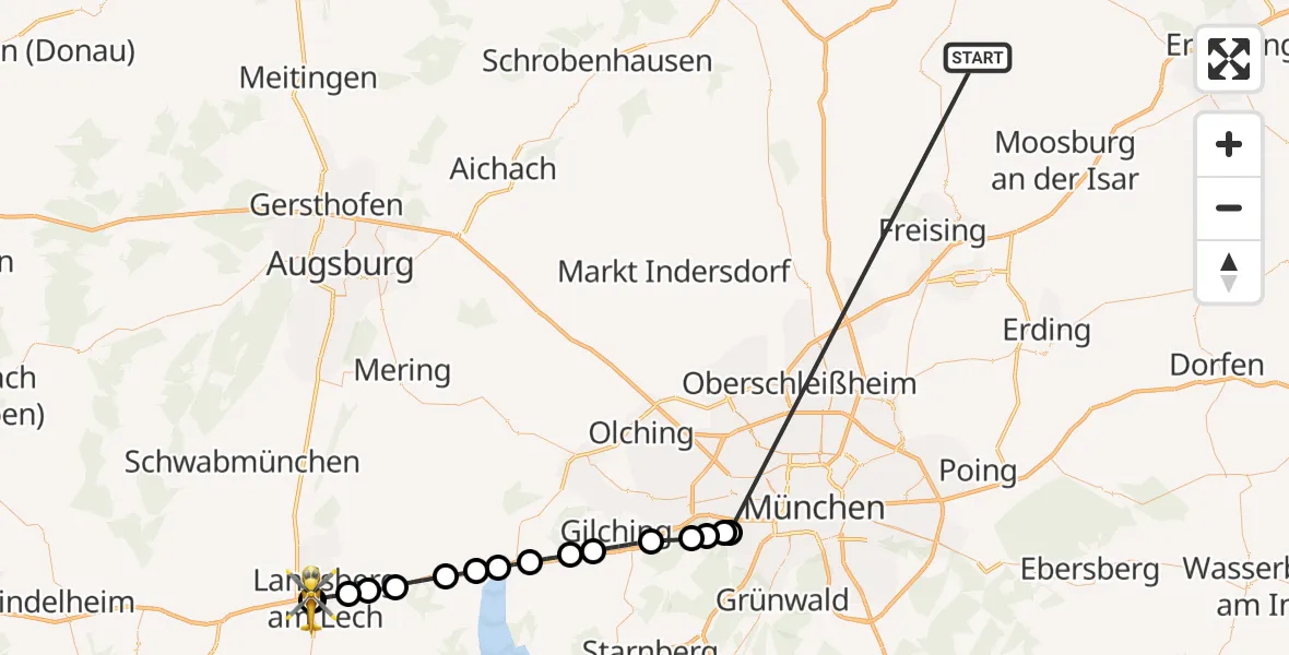 Flugroute Rettungshubschrauber Rudelzhausen - Landsberg am Lech Hospital, 21 Oktober 2026, 07:40