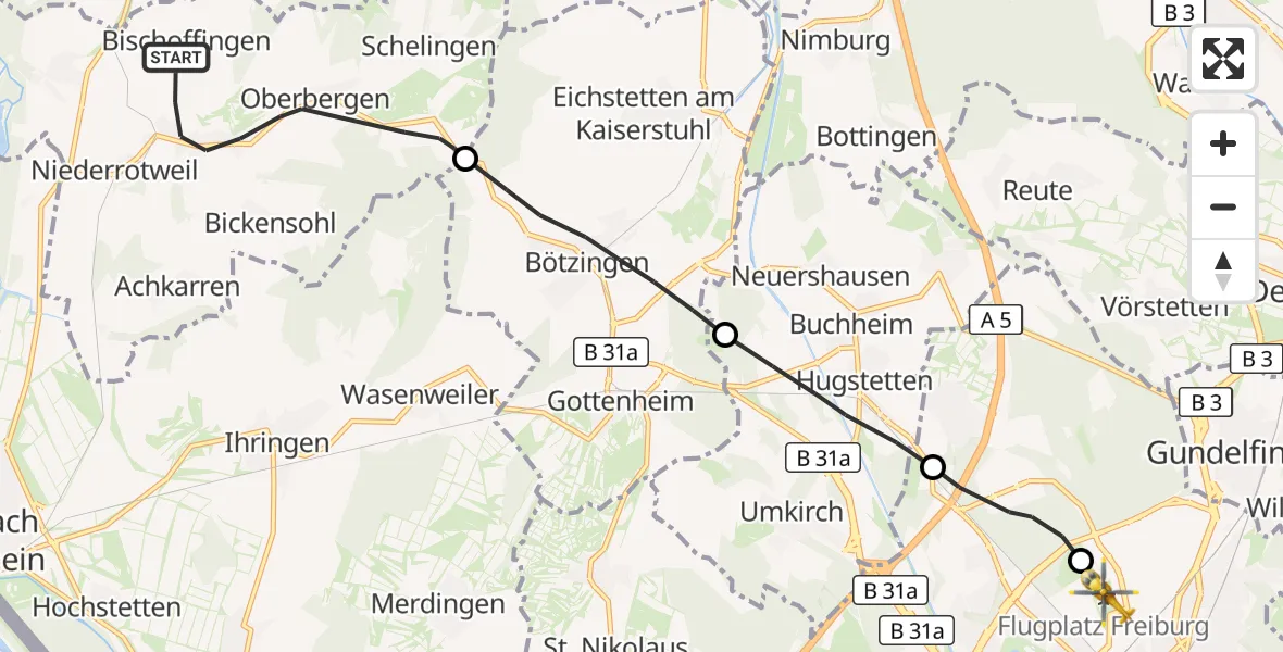 Flugroute Ambulanzhubschrauber Vogtsburg im Kaiserstuhl - Freiburg im Breisgau Flugplatz, 21 Oktober 2026, 07:42