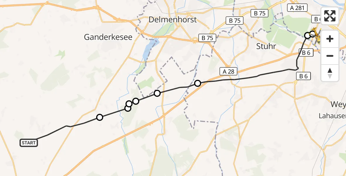 Flugroute Rettungshubschrauber Dötlingen - ADAC Air Rescue Station Bremen Hubschrauberlandeplatz (Christoph 6), 21 Oktober 2026, 07:45