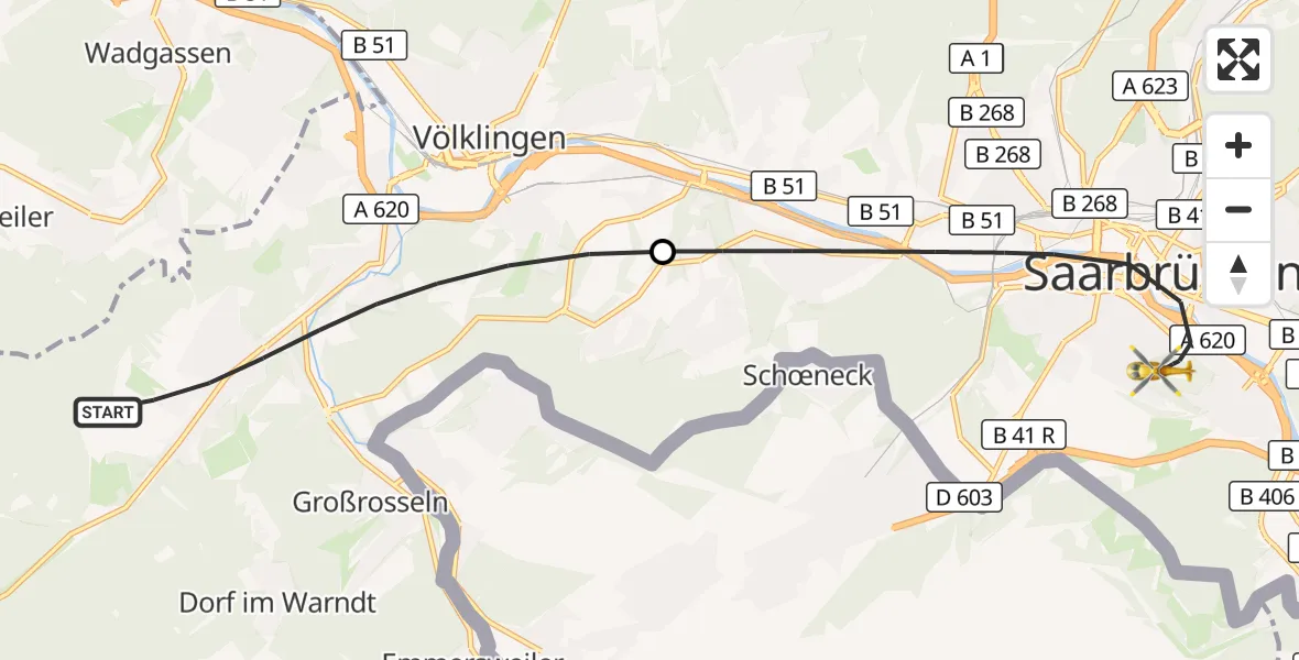 Flugroute Rettungshubschrauber Völklingen - Saarbrücken, 21 Oktober 2026, 07:47
